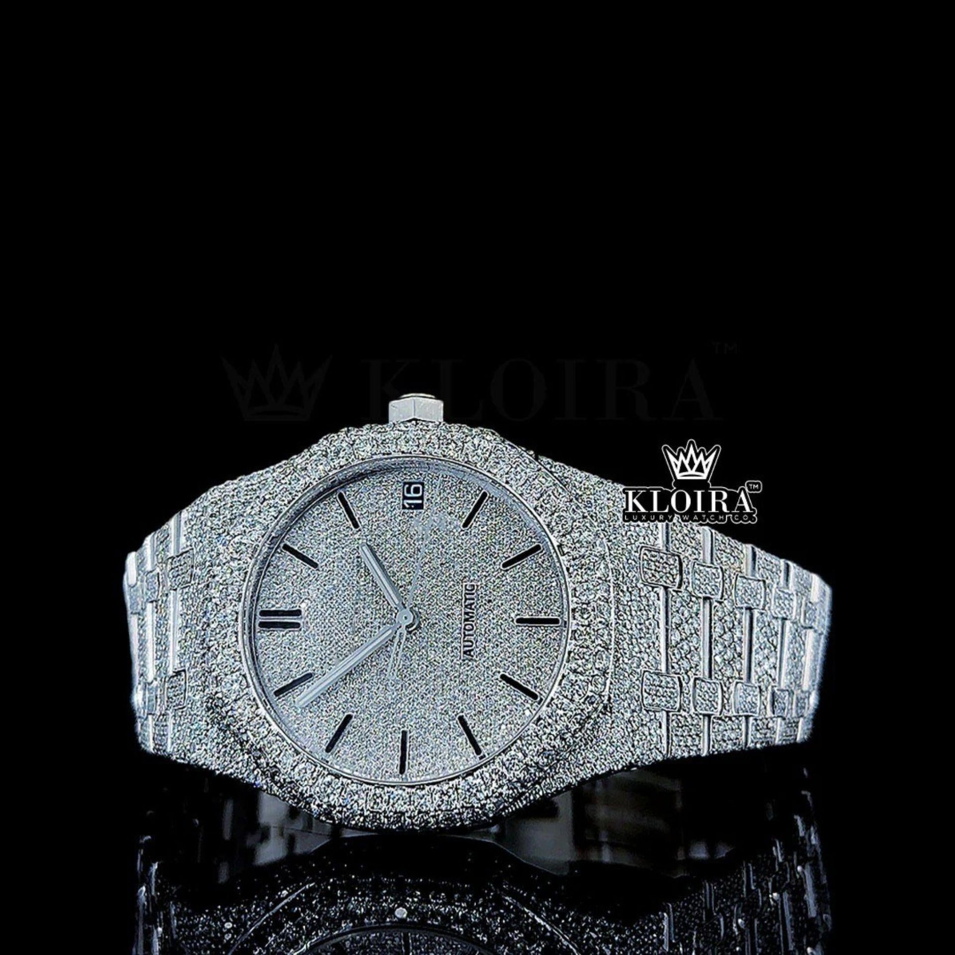 White Dial Black Stick Markers AP Fully Iced Out Moissanite Watch Front View