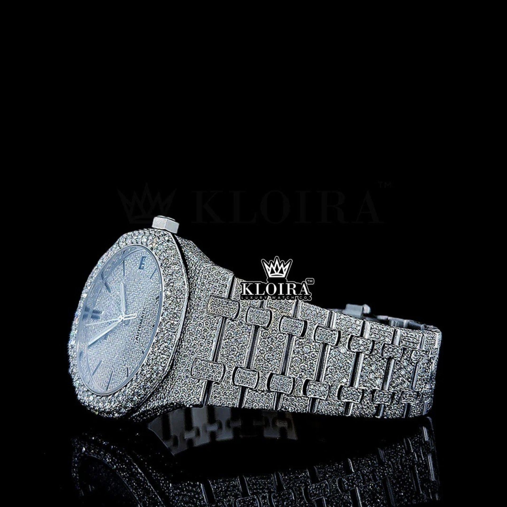White Dial Black Stick Markers AP Fully Iced Out Moissanite Watch Left Profile View