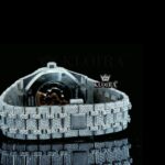 White Dial Black Stick Markers Fully Iced Out Moissanite Diamond Watch Caseback View