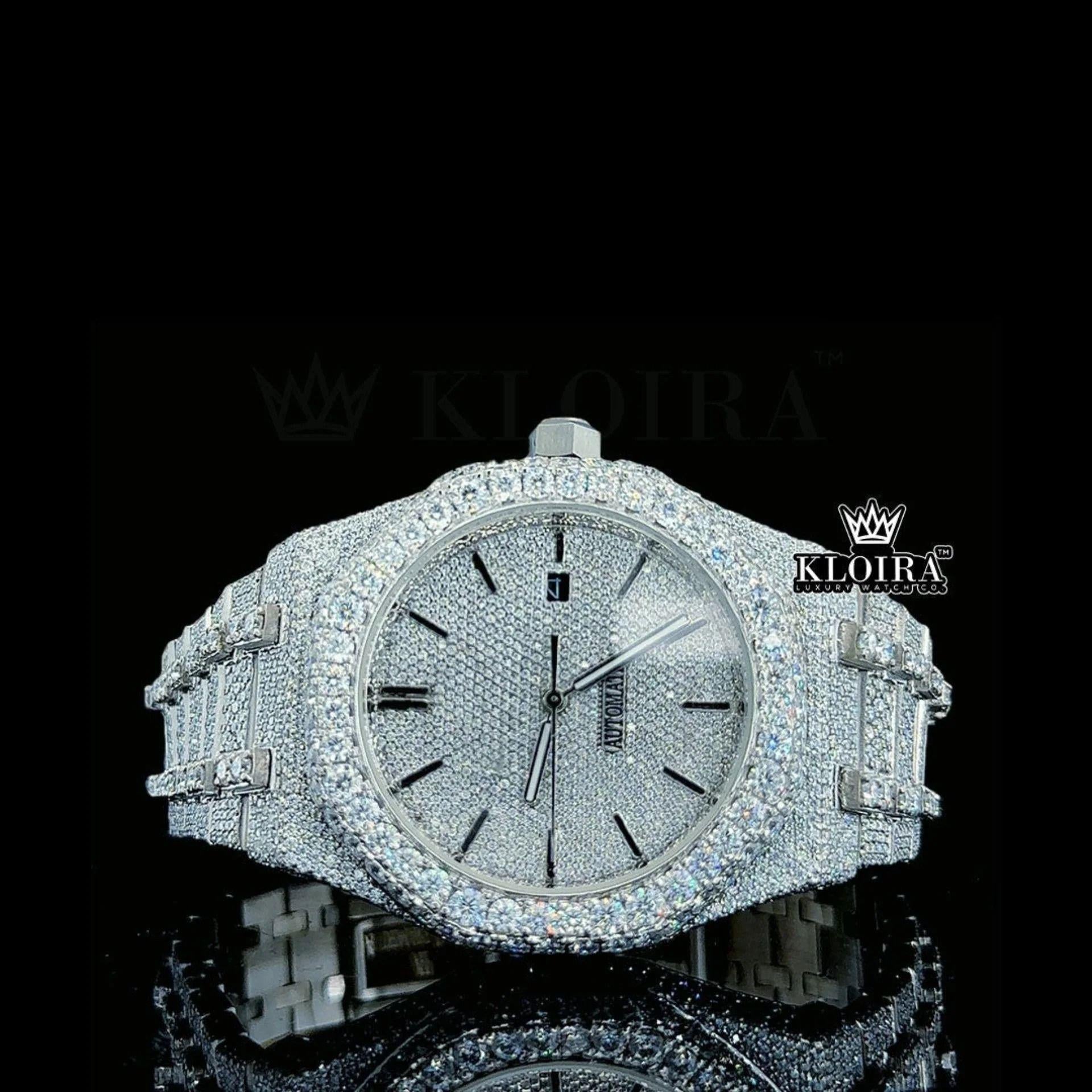 White Dial Black Stick Markers Fully Iced Out Moissanite Diamond Watch Front View