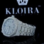 White Dial Blue Arabic Numerals Fully Iced Out Moissanite Diamond Watch Left Profile View