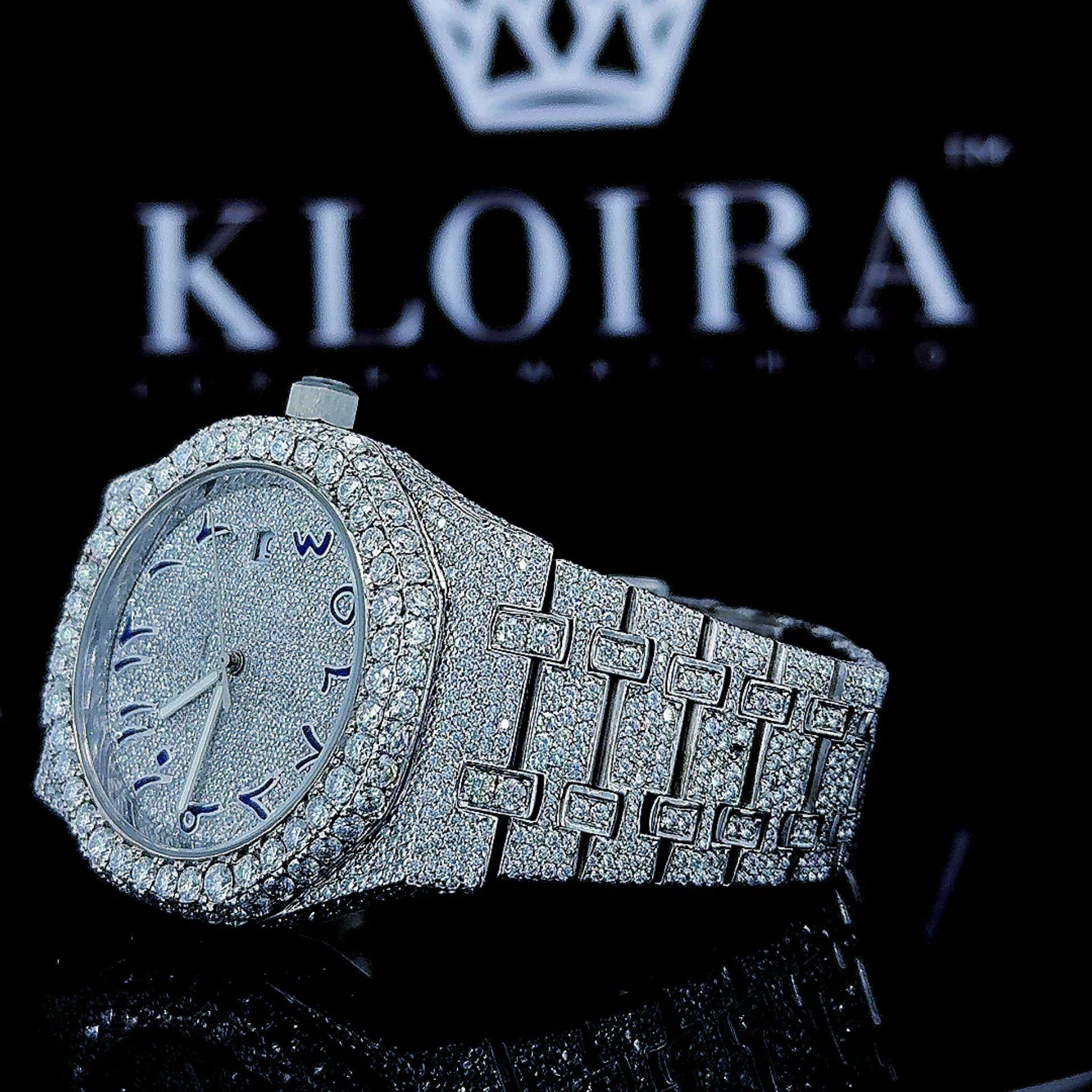White Dial Blue Arabic Numerals Fully Iced Out Moissanite Diamond Watch Left Profile View