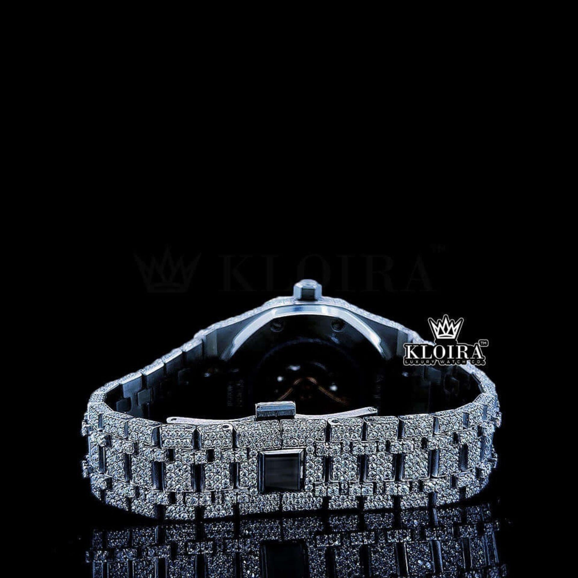 White Dial Blue Arabic Numerals Fully Iced Out Natural Diamond Watch Caseback View