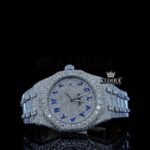 White Dial Blue Arabic Numerals Fully Iced Out Natural Diamond Watch