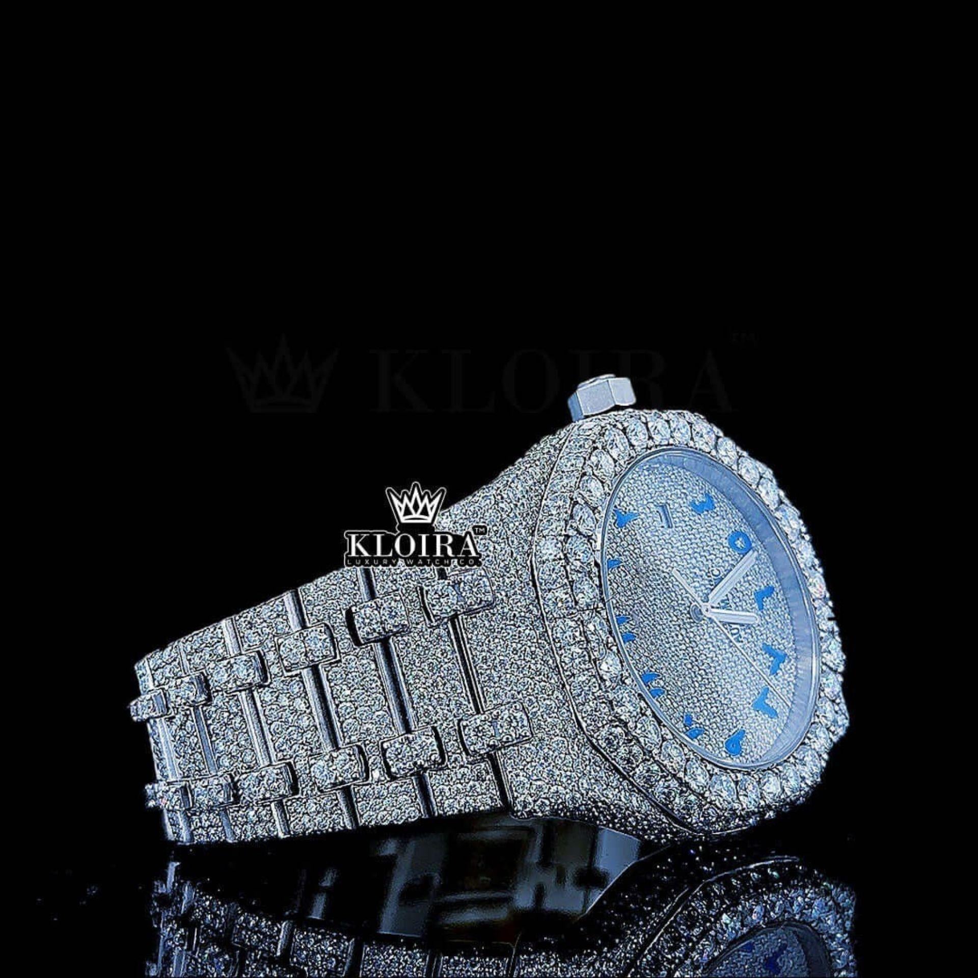 White Dial Blue Arabic Numerals Fully Iced Out Natural Diamond Watch Right Side View