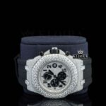 White Dial Chronograph Black Rubber Strap Semi Iced Out Moissanite Watch Close Up Front View