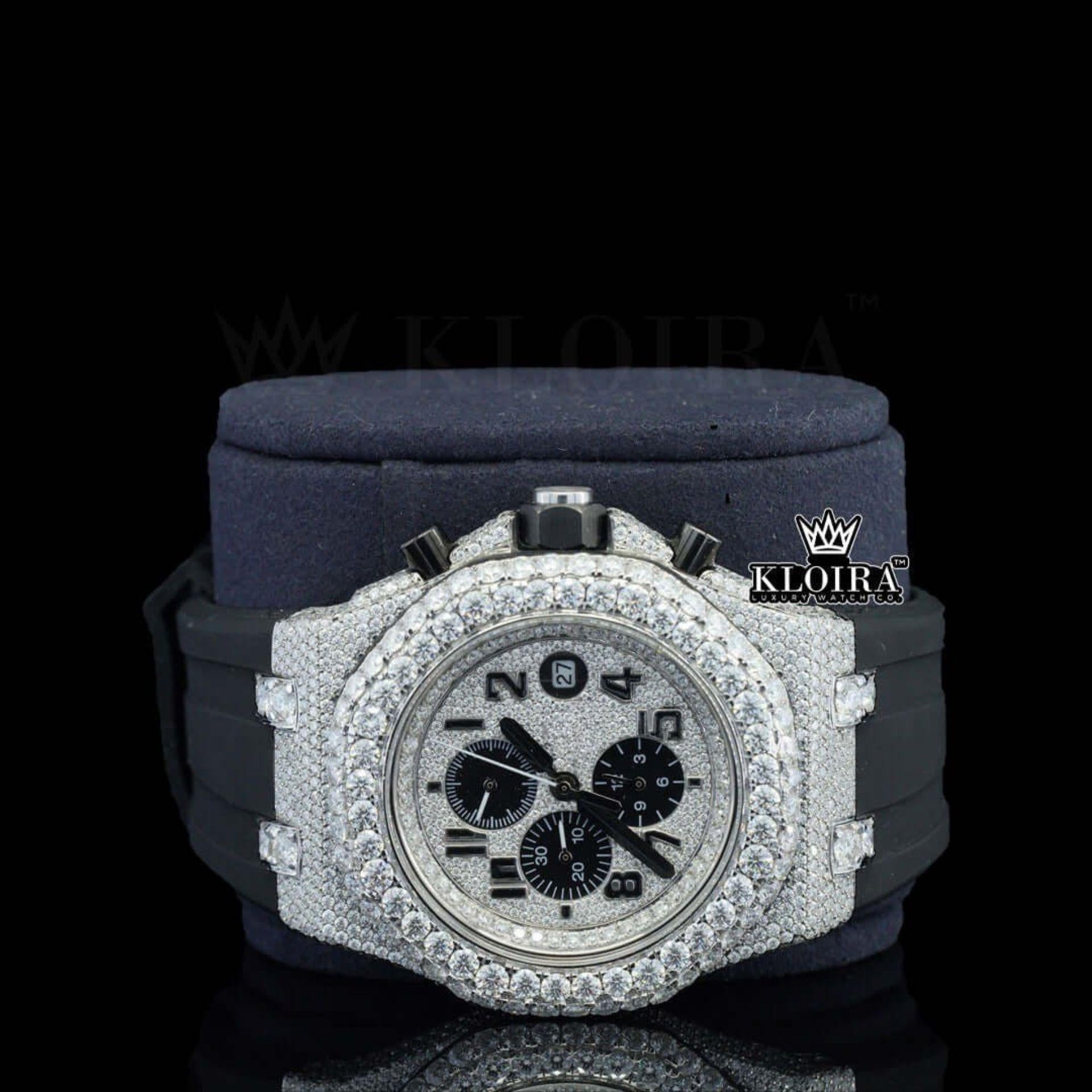 White Dial Chronograph Black Rubber Strap Semi Iced Out Moissanite Watch Close Up Front View