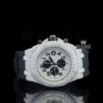 White Dial Chronograph Black Rubber Strap Semi Iced Out Moissanite Watch