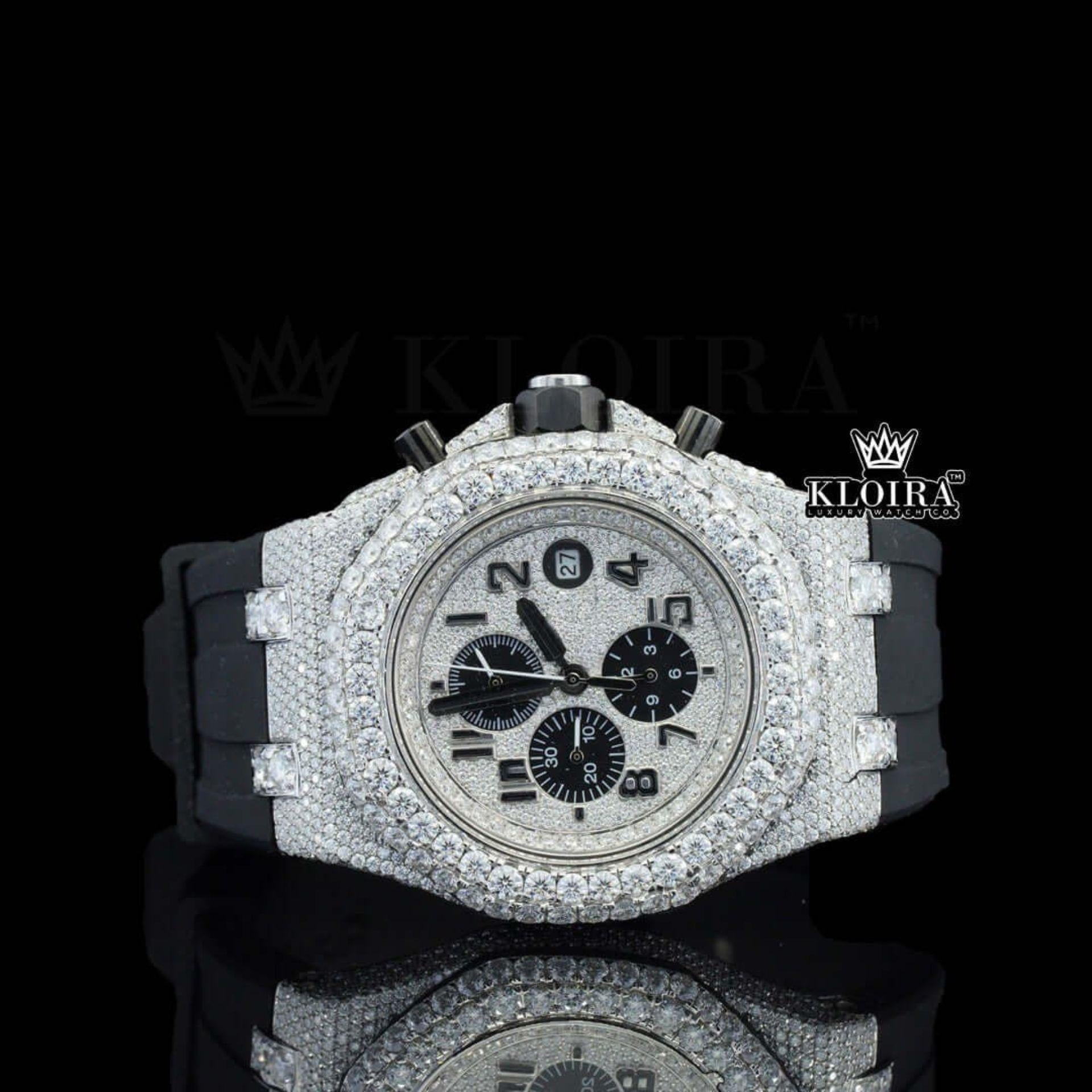 White Dial Chronograph Black Rubber Strap Semi Iced Out Moissanite Watch Front View