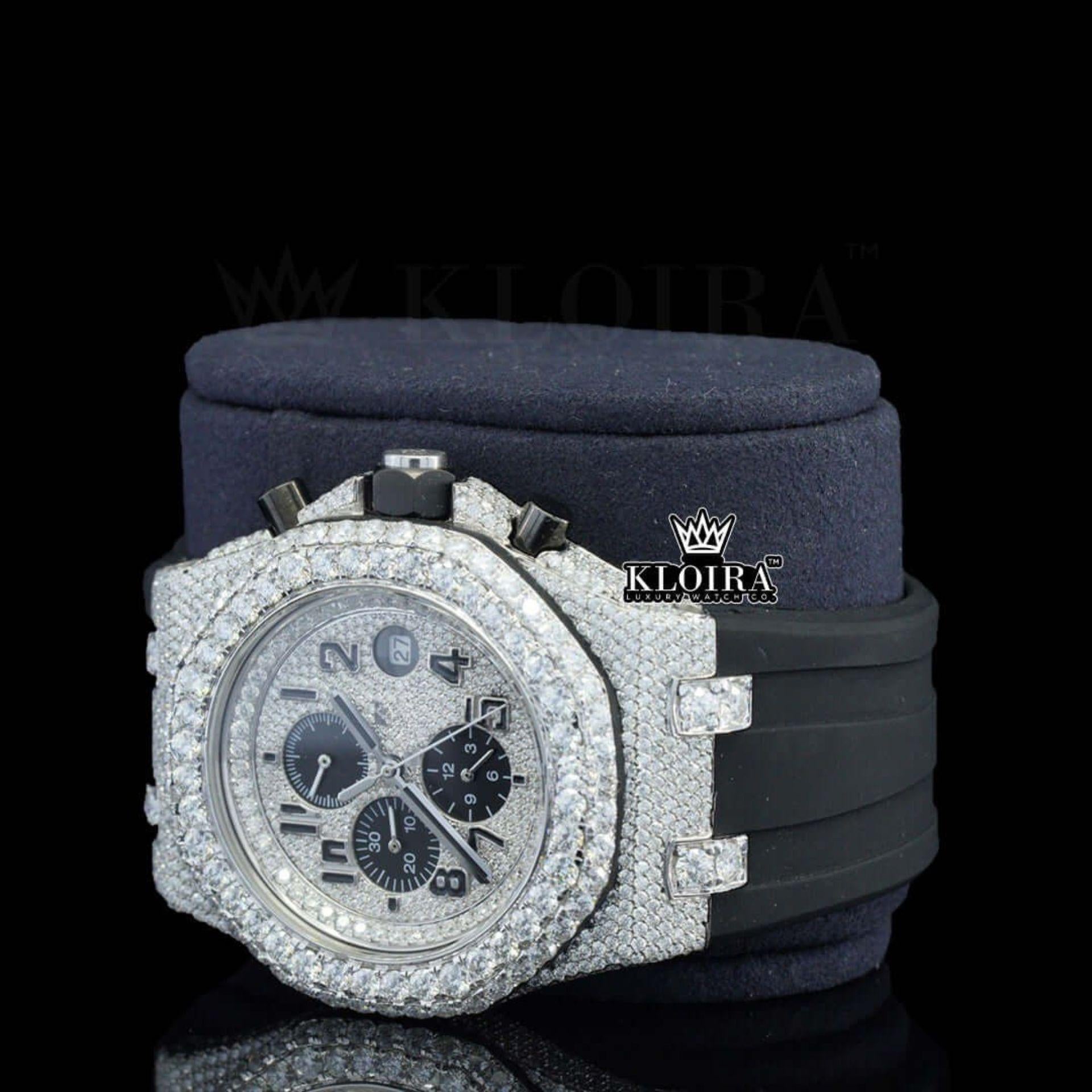 White Dial Chronograph Black Rubber Strap Semi Iced Out Moissanite Watch Left Profile View