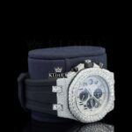 White Dial Chronograph Black Rubber Strap Semi Iced Out Moissanite Watch Right Profile View