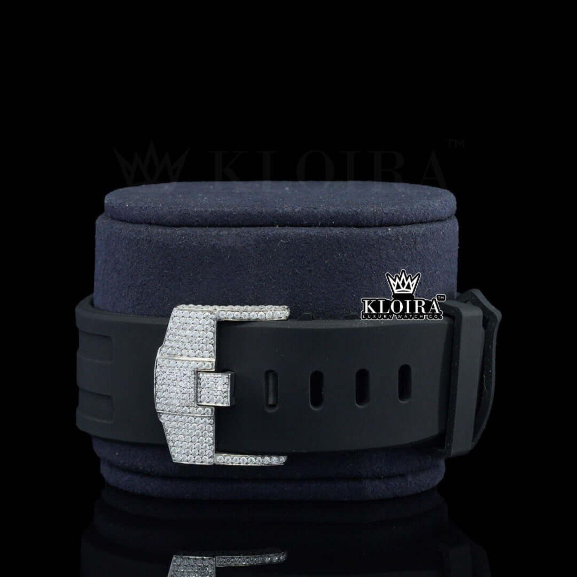 White Dial Chronograph Black Rubber Strap Semi Iced Out Moissanite Watch Strap View