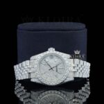 White Dial Diamond Markers Date Display Fully Iced Out Moissanite Watch Close Up Front View