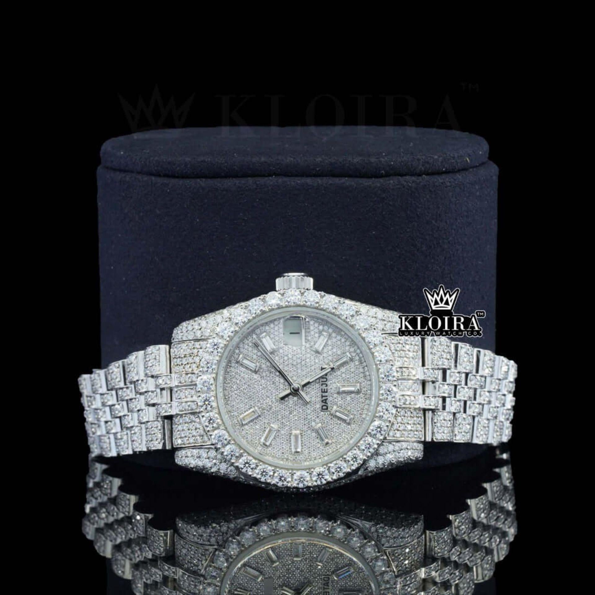 White Dial Diamond Markers Date Display Fully Iced Out Moissanite Watch Close Up Front View