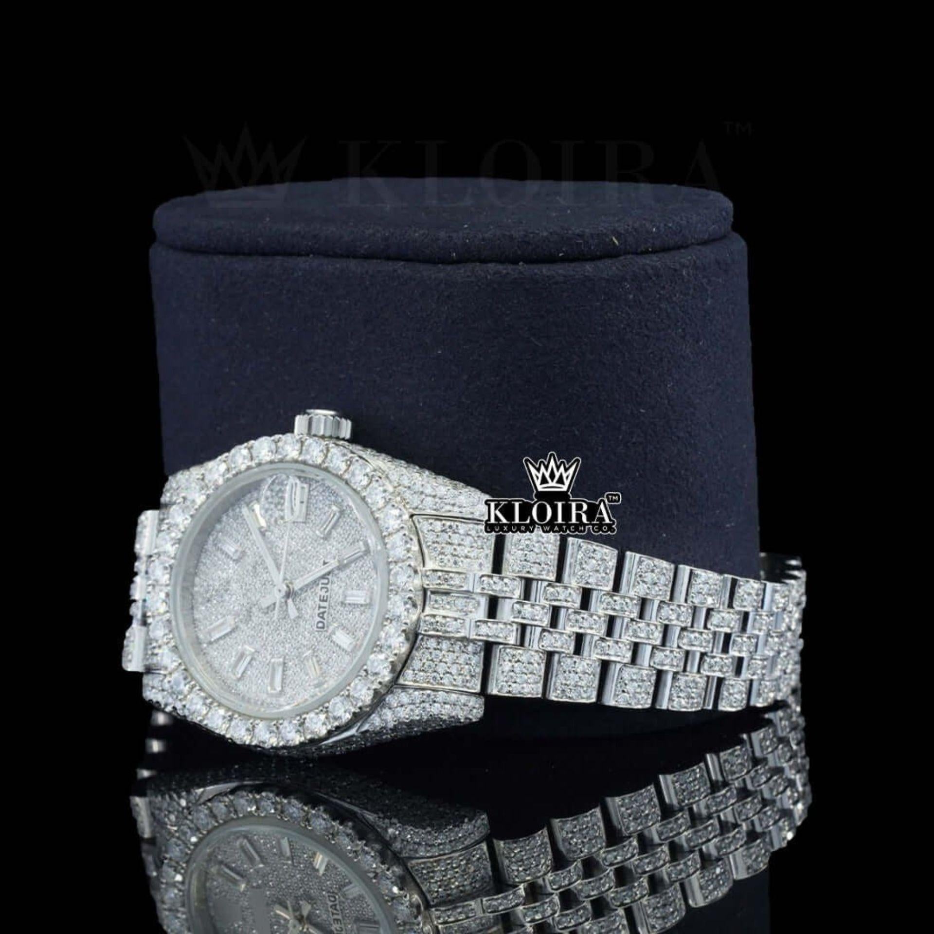 White Dial Diamond Markers Date Display Fully Iced Out Moissanite Watch Laft Profile View