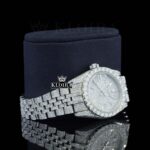 White Dial Diamond Markers Date Display Fully Iced Out Moissanite Watch Right Profile View
