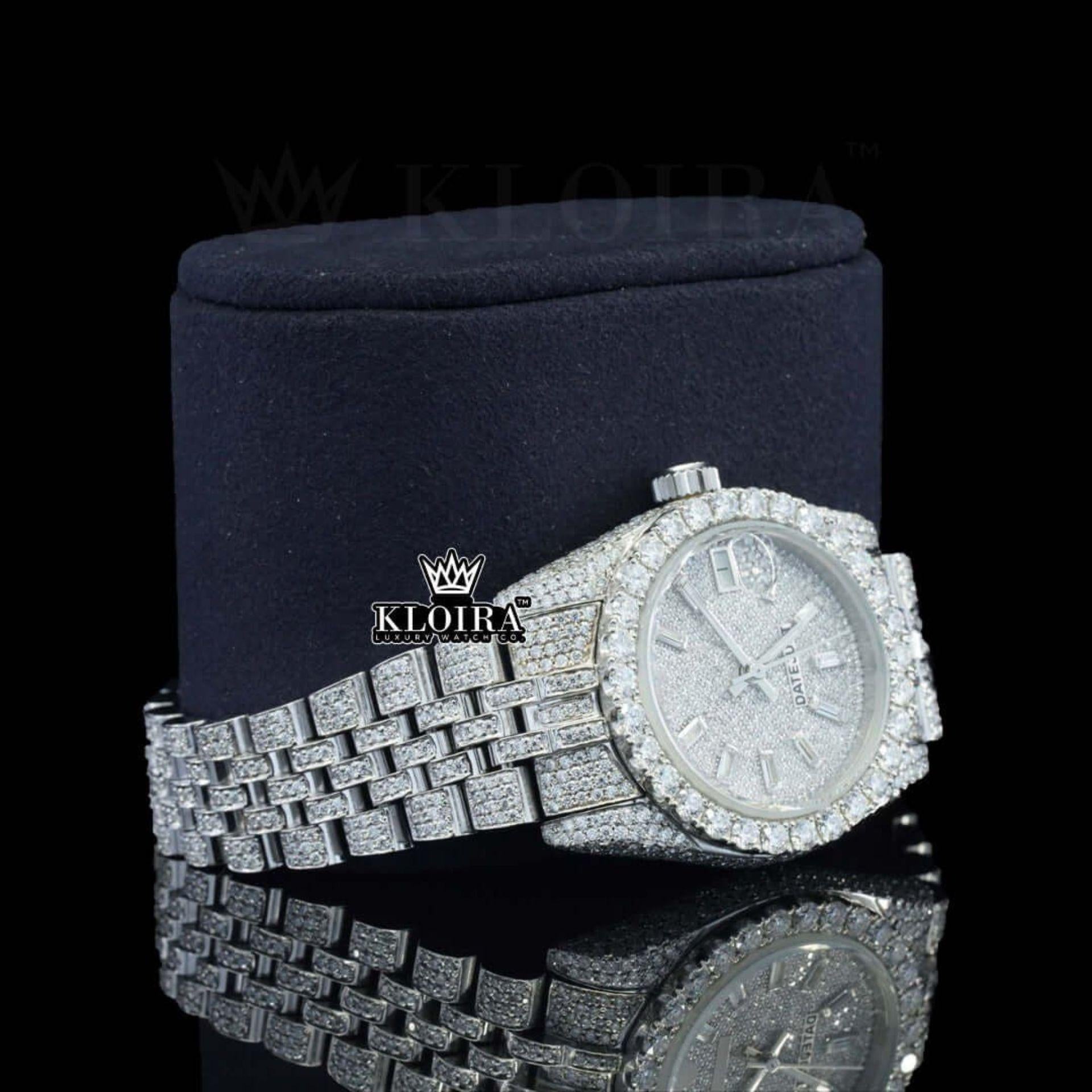 White Dial Diamond Markers Date Display Fully Iced Out Moissanite Watch Right Profile View