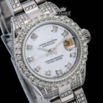 White Dial Diamond Markers Date Display Moissanite Diamond Watch Close Up View