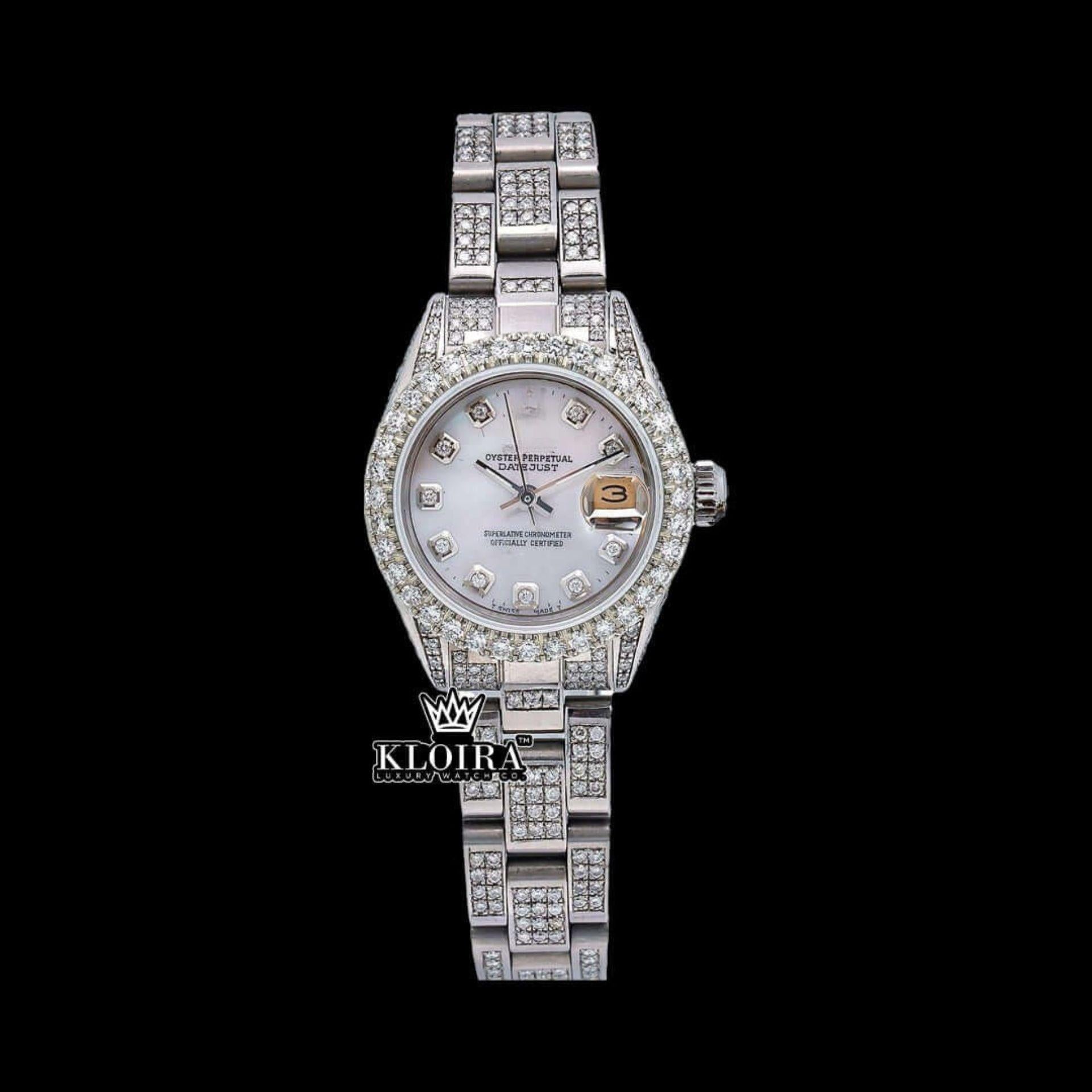 White Dial Diamond Markers Date Display Moissanite Diamond Watch Front View