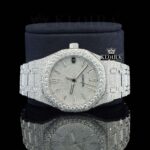 White Dial Diamond Markers Fully Iced Out Moissanite Watch Close Up Front View