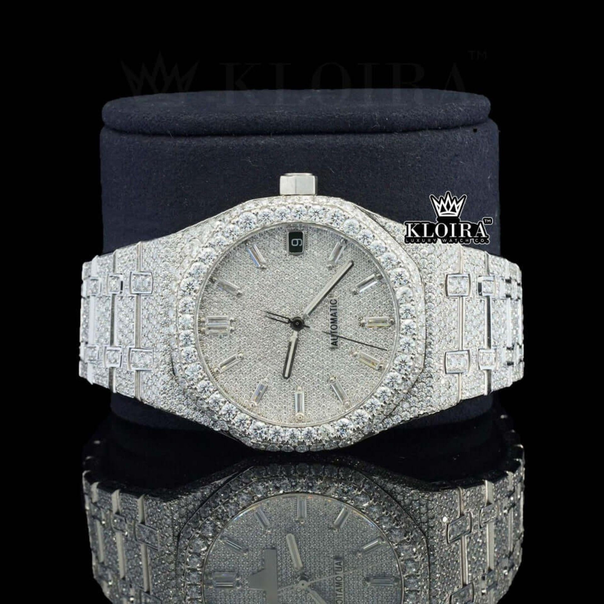 White Dial Diamond Markers Fully Iced Out Moissanite Watch Close Up Front View