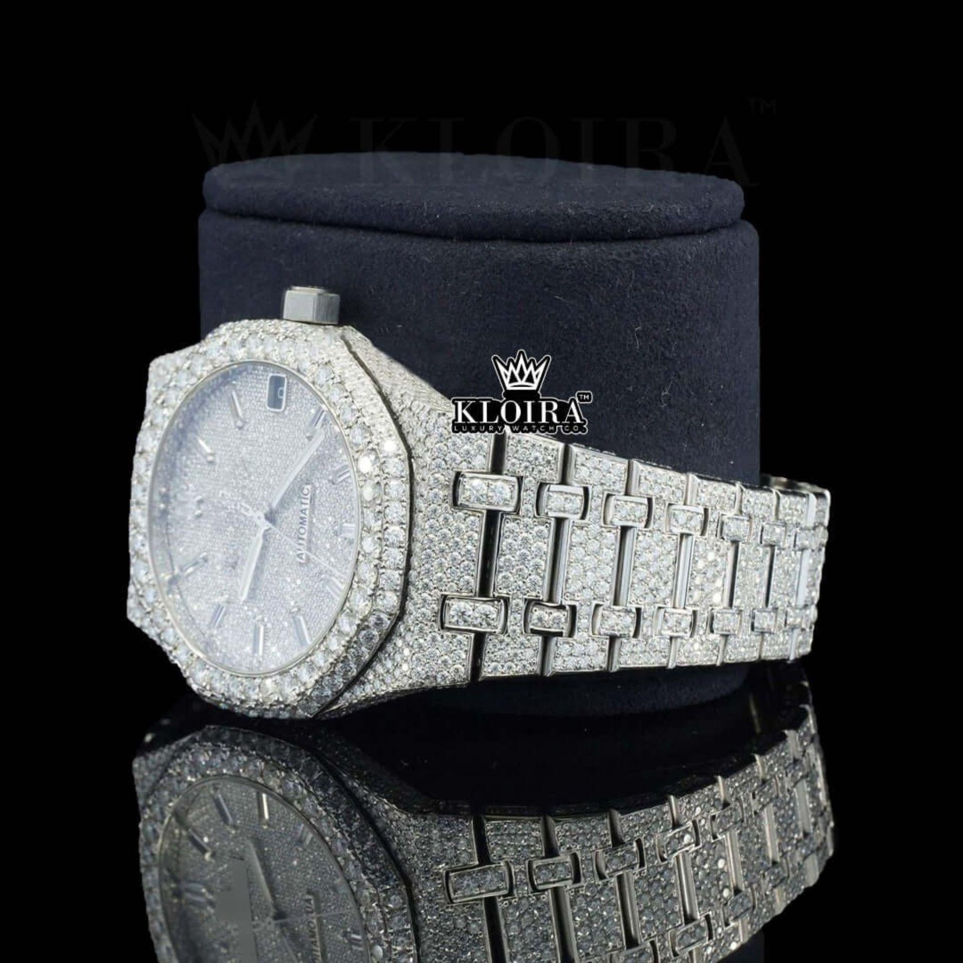White Dial Diamond Markers Fully Iced Out Moissanite Watch Laft Profile View