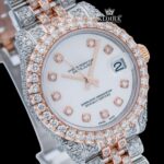 White Dial Diamond Markers Two Tone Iced Out Moissanite Watch Close Up Dial View