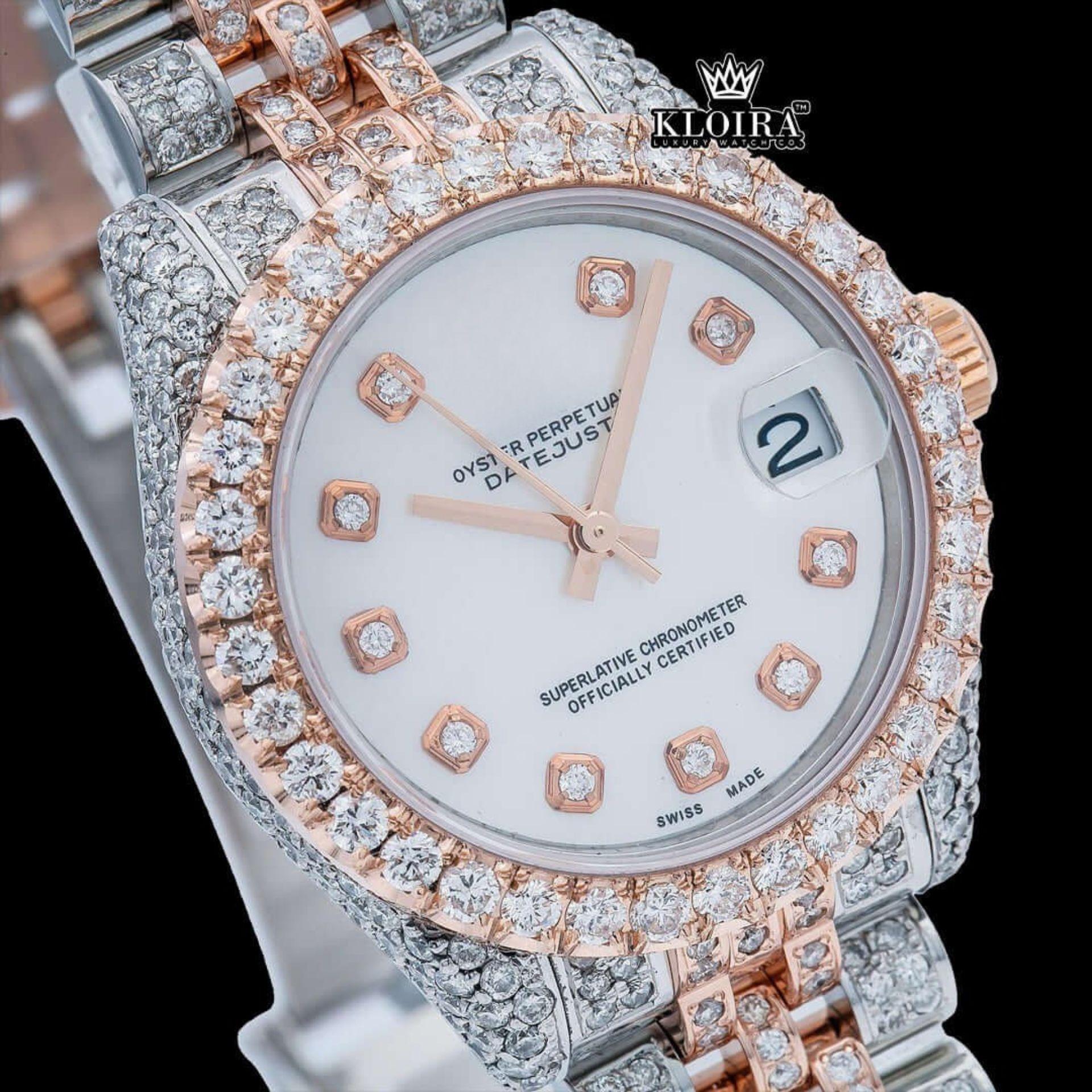 White Dial Diamond Markers Two Tone Iced Out Moissanite Watch Close Up Dial View
