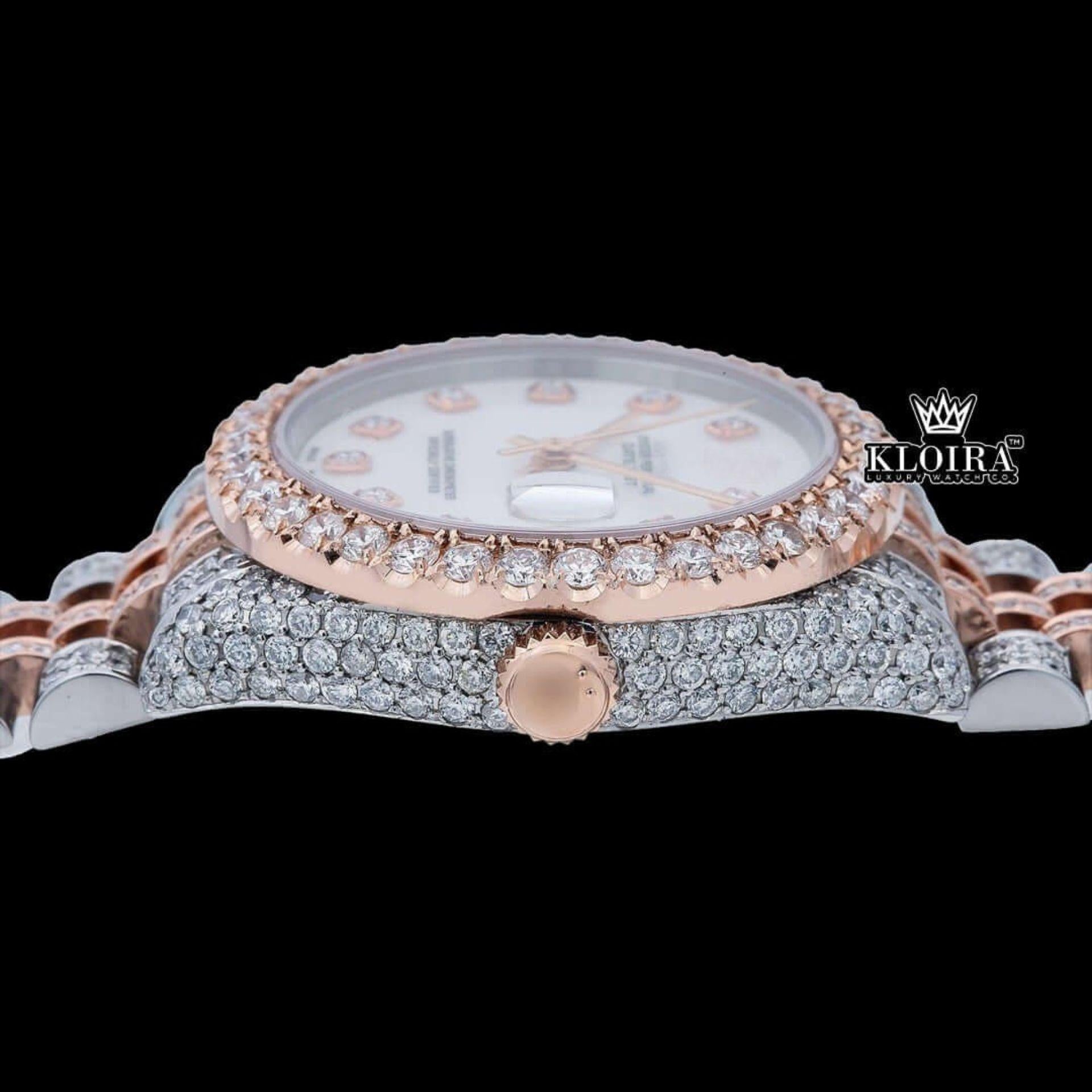 White Dial Diamond Markers Two Tone Iced Out Moissanite Watch Crown View