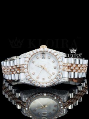 White Dial Diamond Markers Two Tone Rose Gold Strap Moissanite Watch