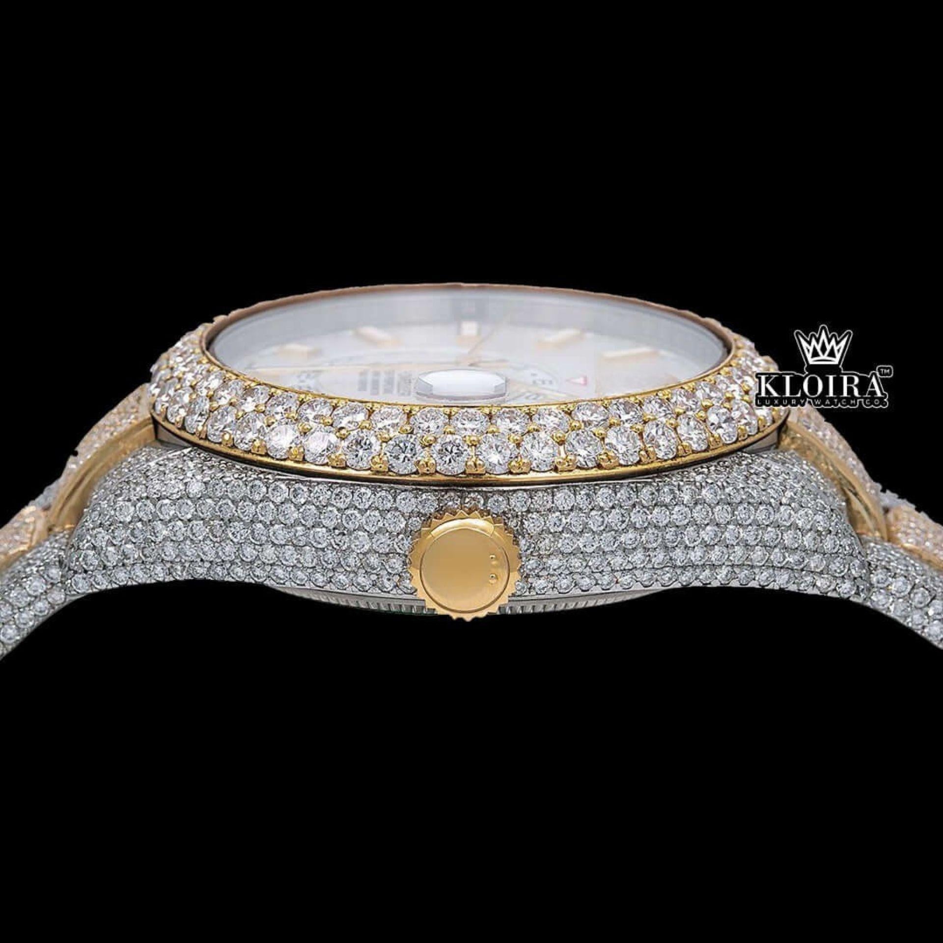 White Dial Dual Time Two Tone Moissanite Diamond Watch Crown View