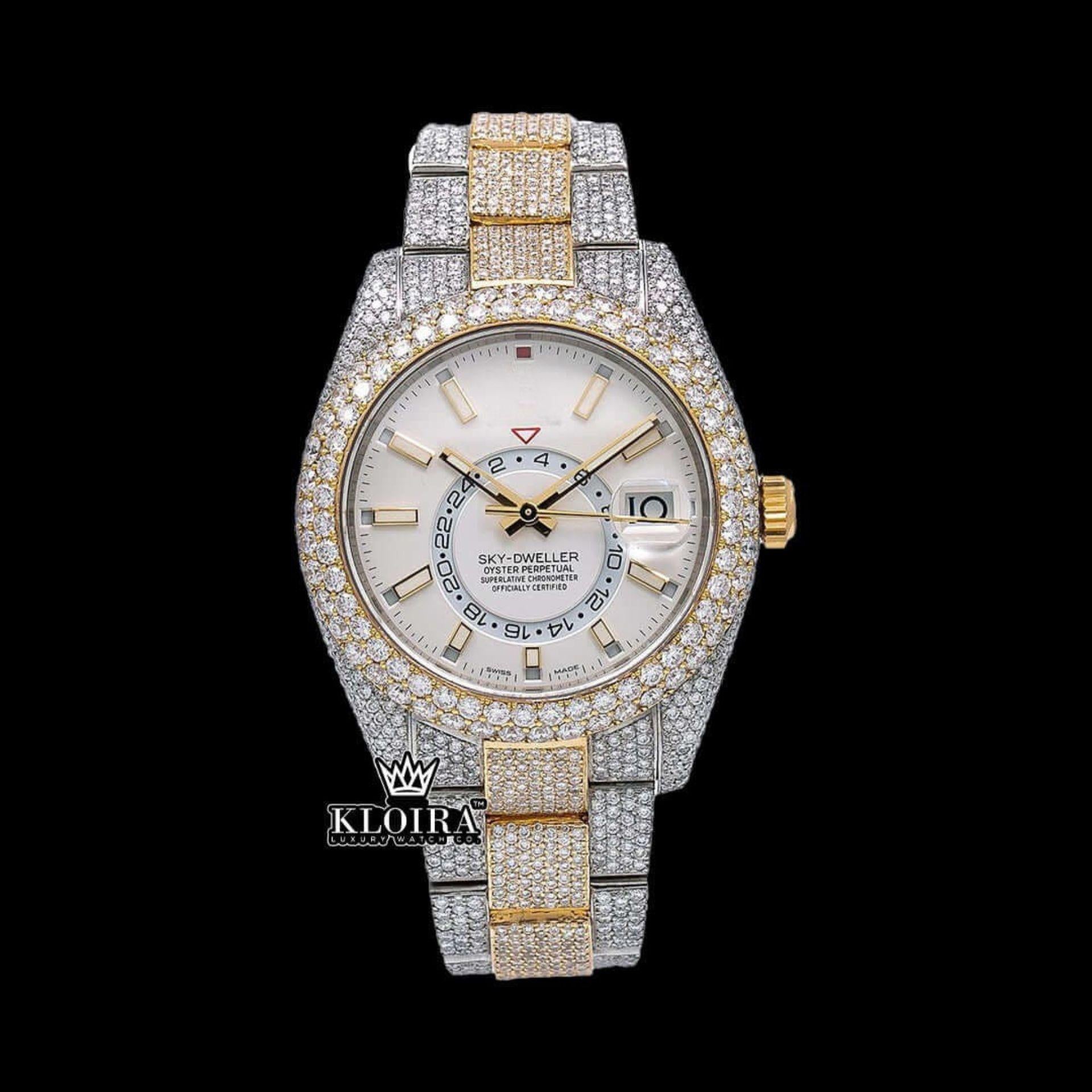 White Dial Dual Time Two Tone Moissanite Diamond Watch Watch Front View