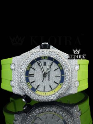 White Dial Green Rubber Strap Iced Out Moissanite Diamond Watch