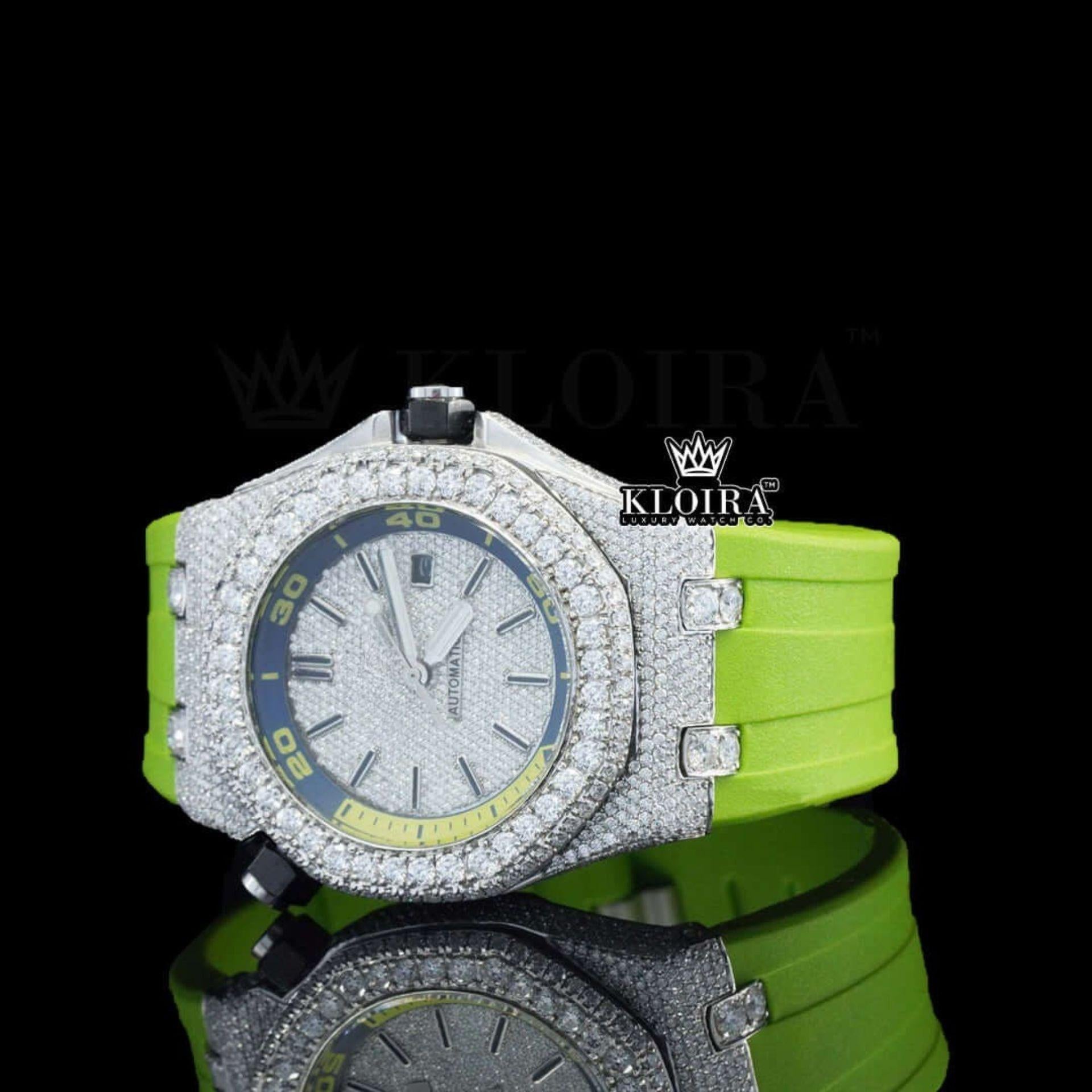 White Dial Green Rubber Strap Iced Out Moissanite Diamond Watch Left Profile View