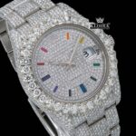 White Dial Rainbow Markers Fully Iced Out Moissanite Diamond Watch Close Up Dial View