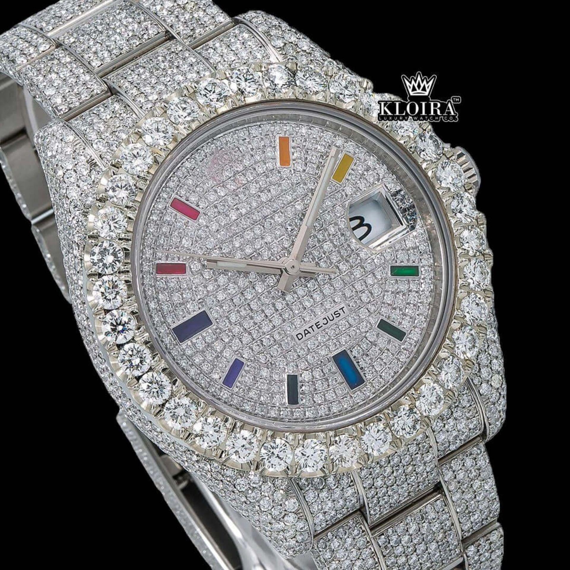 White Dial Rainbow Markers Fully Iced Out Moissanite Diamond Watch Close Up Dial View
