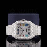 White Dial Rainbow Roman Numerals Fully Iced Moissanite Diamond Watch Close Up Front View
