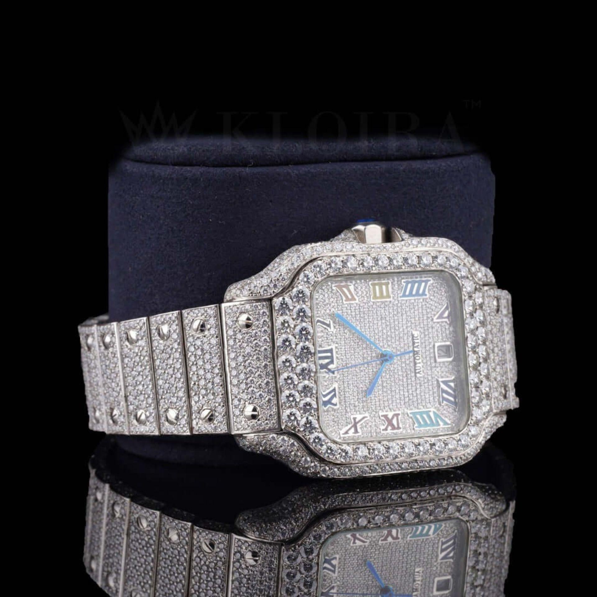 White Dial Rainbow Roman Numerals Fully Iced Moissanite Diamond Watch Right Profile View