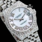 White Dial Roman Numeral Fully Iced Out Moissanite Diamond Watch Close Up Dial View