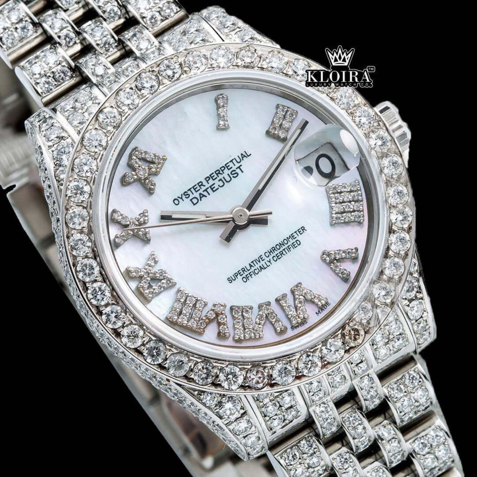 White Dial Roman Numeral Fully Iced Out Moissanite Diamond Watch Close Up Dial View