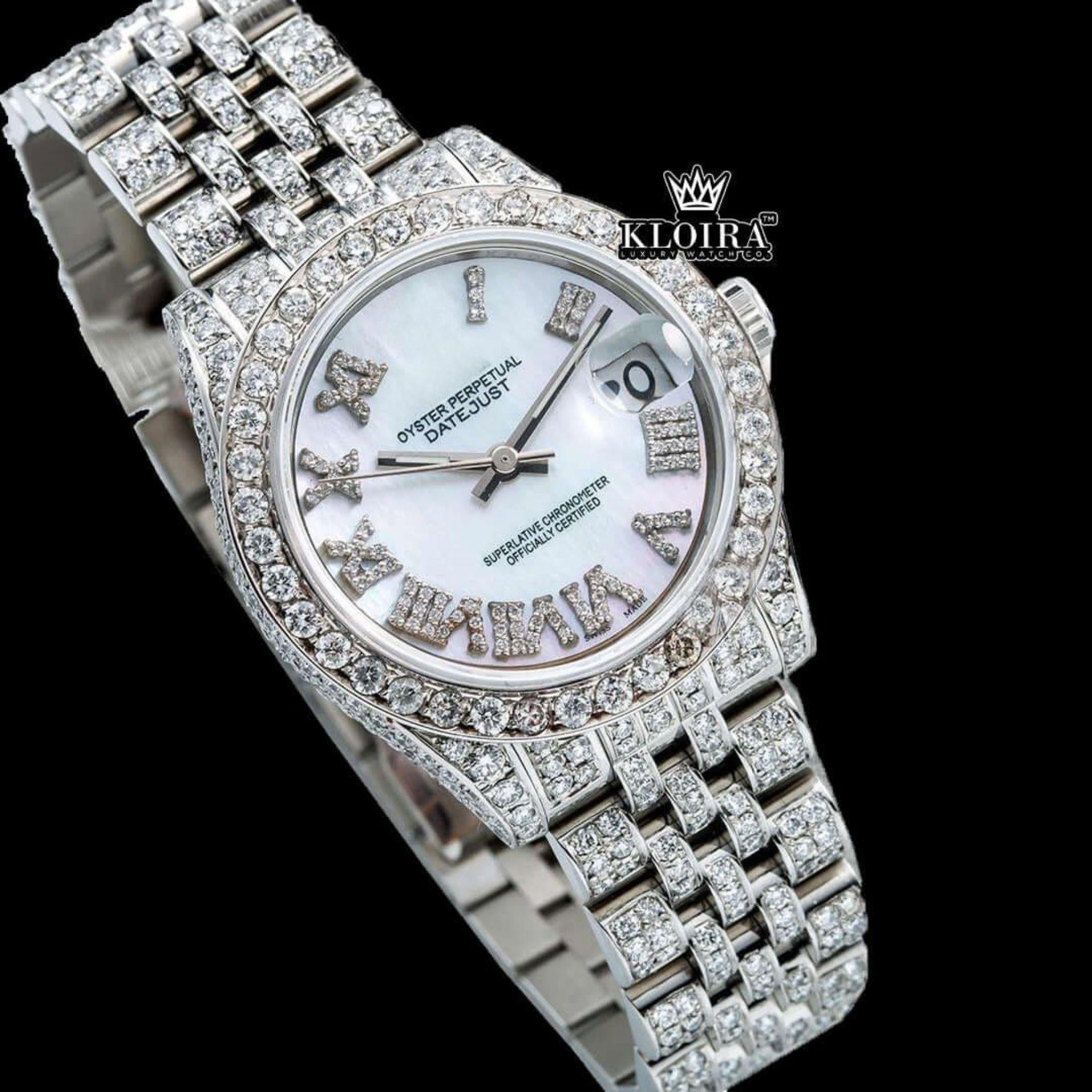 White Dial Roman Numeral Fully Iced Out Moissanite Diamond Watch Close Up Front View