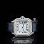 White Dial Roman Numerals Black Leather Strap Moissanite Diamond Watch