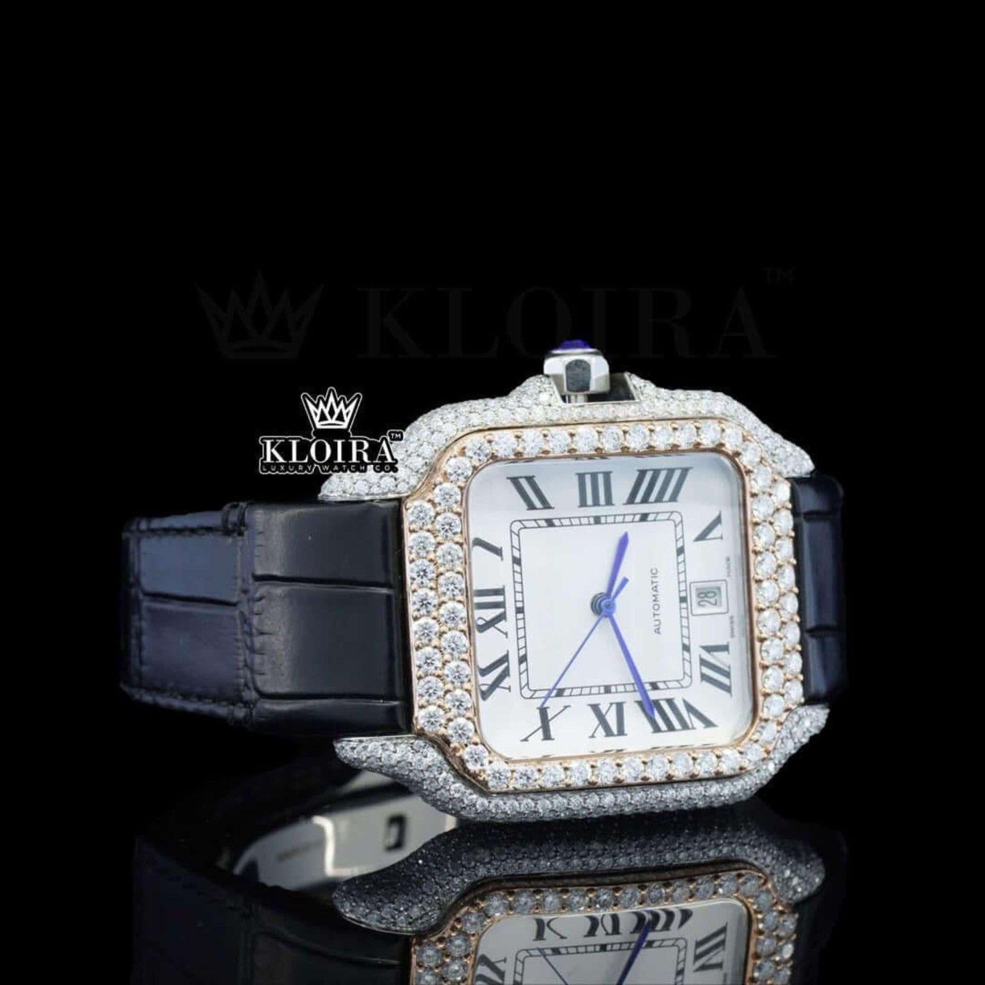 White Dial Roman Numerals Black Leather Strap Moissanite Diamond Watch Right Profile View