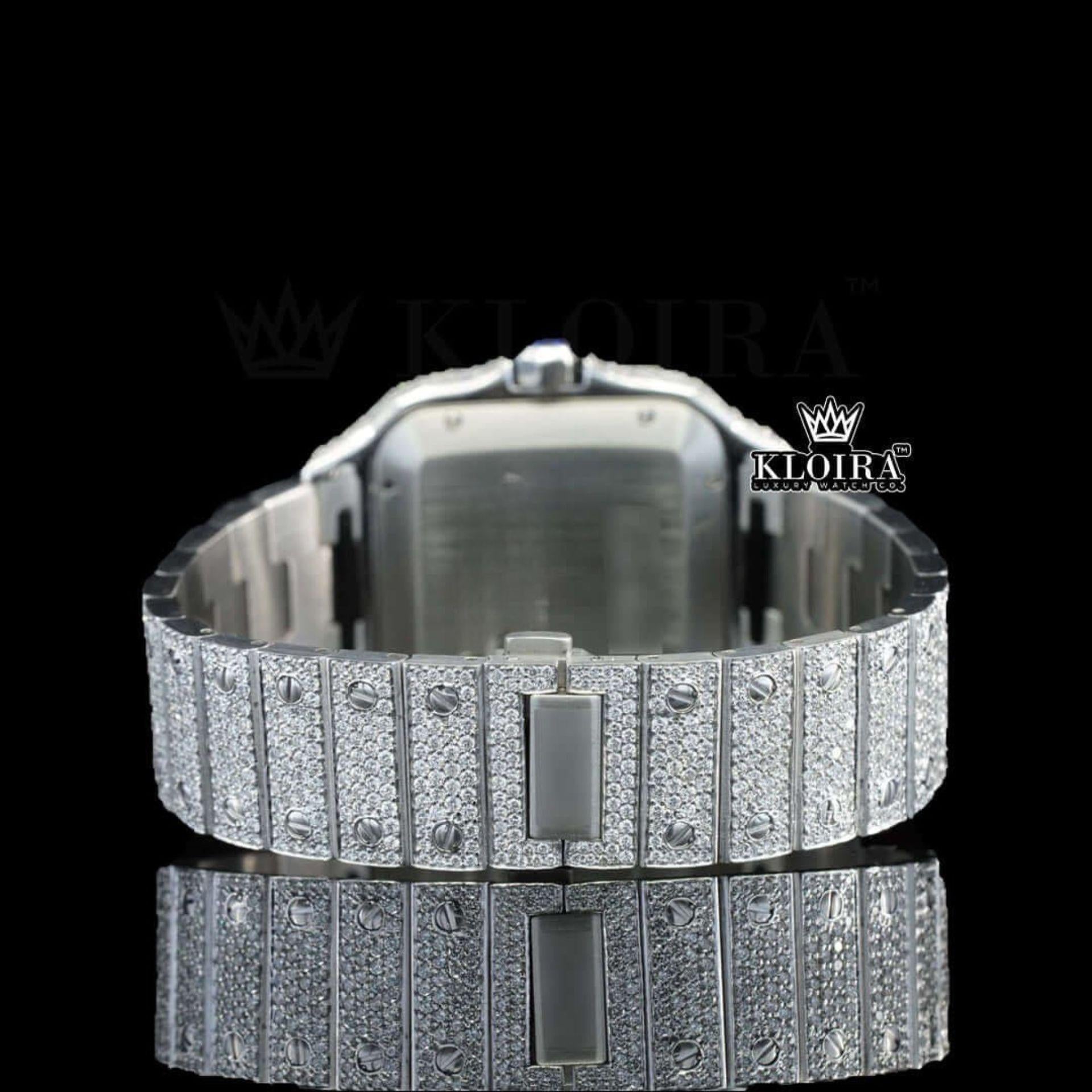 White Dial Roman Numerals Blue Hands Fully Iced Out Moissanite Watch Caseback View