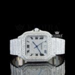 White Dial Roman Numerals Blue Hands Fully Iced Out Moissanite Watch
