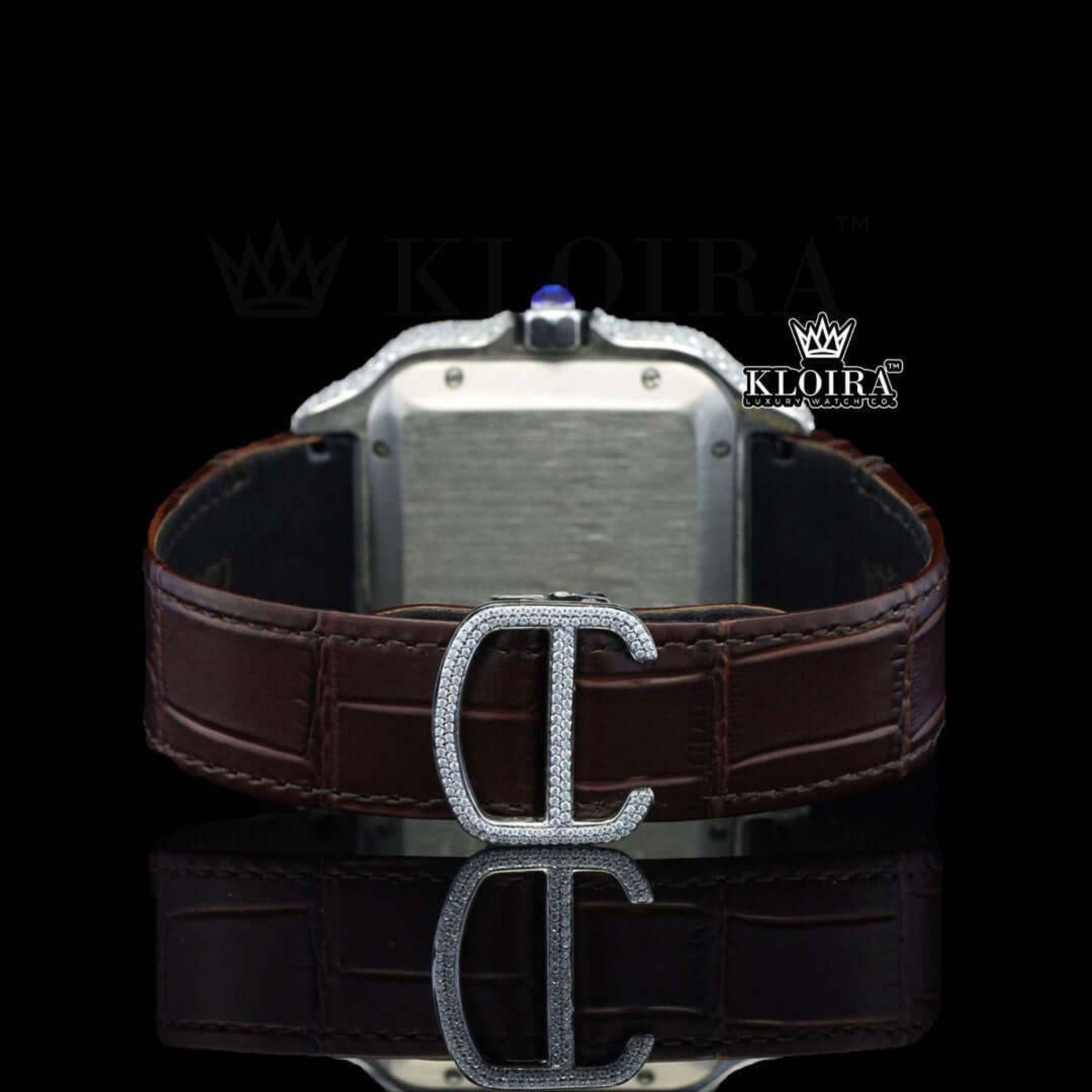 White Dial Roman Numerals Brown Leather Strap Moissanite Diamond Watch Caseback View