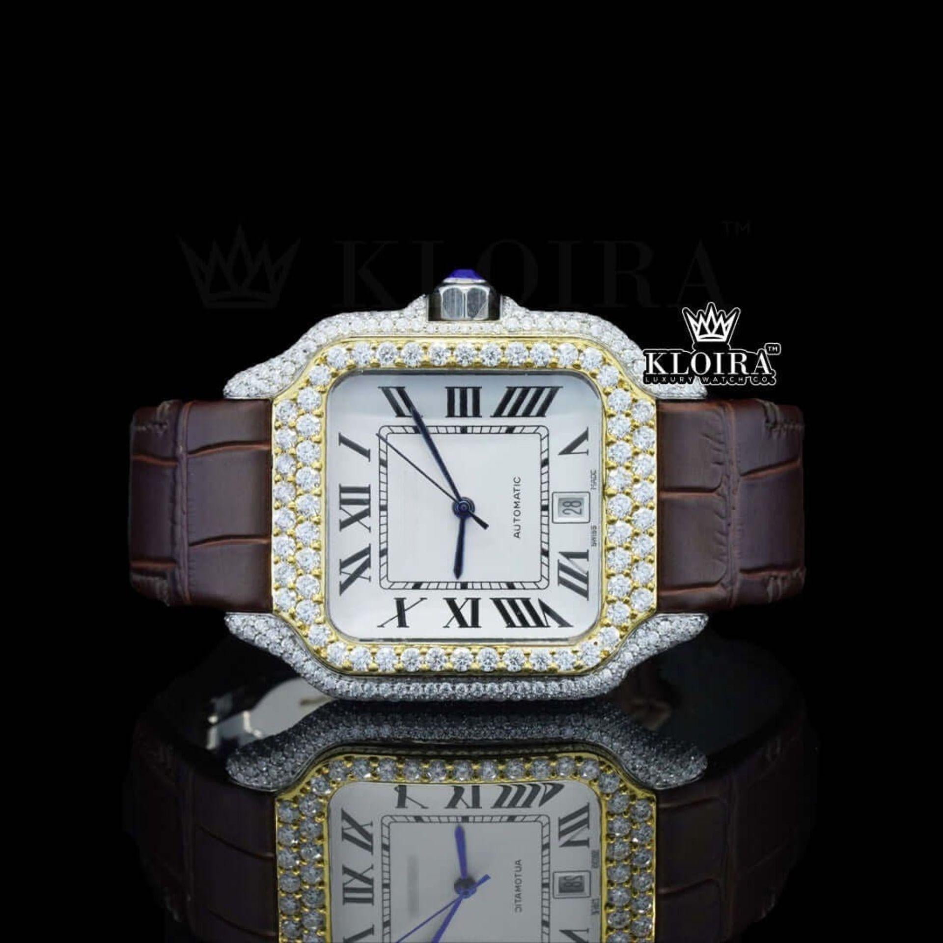 White Dial Roman Numerals Brown Leather Strap Moissanite Diamond Watch Front View