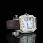 White Dial Roman Numerals Brown Leather Strap Moissanite Diamond Watch Right Profile View