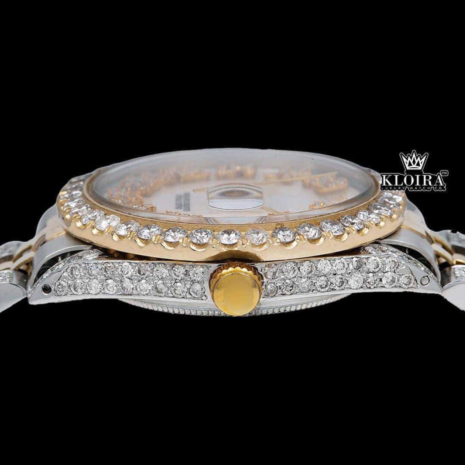 White Dial Roman Numerals Two Tone Moissanite Diamond Watch Crown View