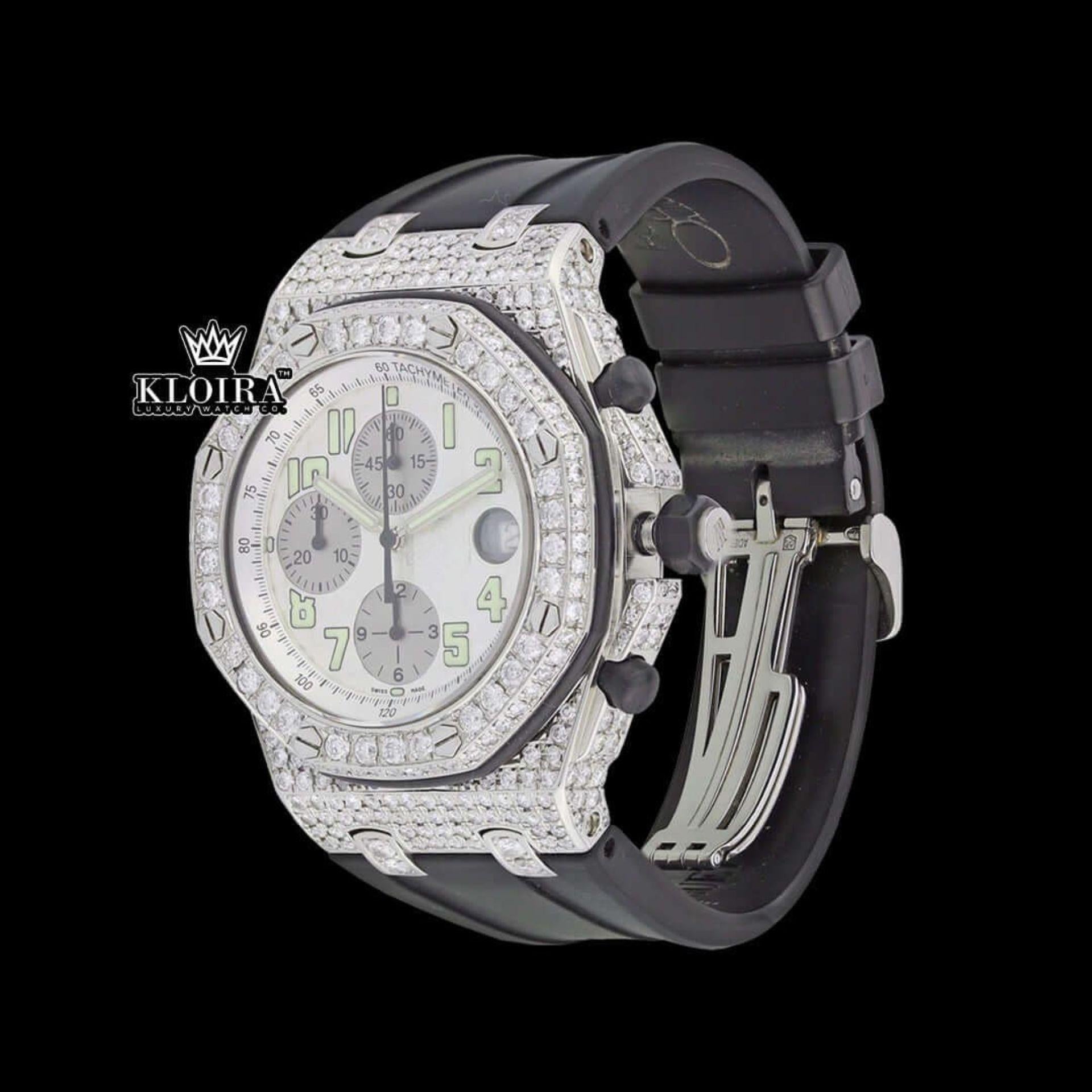 White Dial Standard Numerals Chronograph Semi Iced Moissanite Diamond Watch Close Up Dial View
